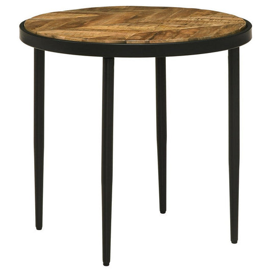 21 Inch Side End Table, Round Top, Black Tapered Legs, Mango Wood, Brown By Casagear Home