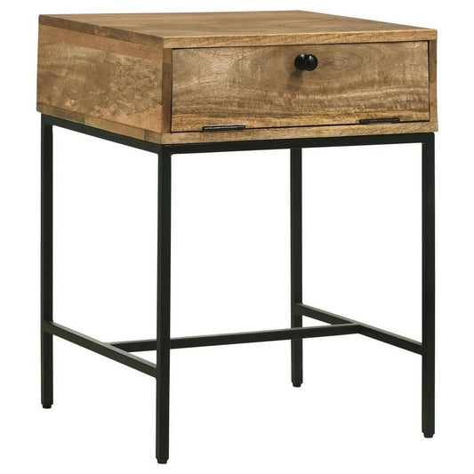 24 Inch End Table with Slender Iron Base, Honey Brown Mango Wood Frame By Casagear Home