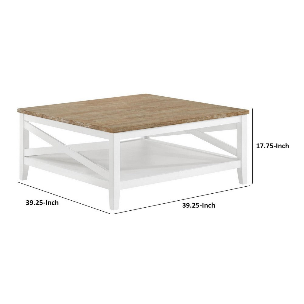 Maise 39 Inch Coffee Table, Rustic Wire Brushed Wood Top, Brown and White By Casagear Home