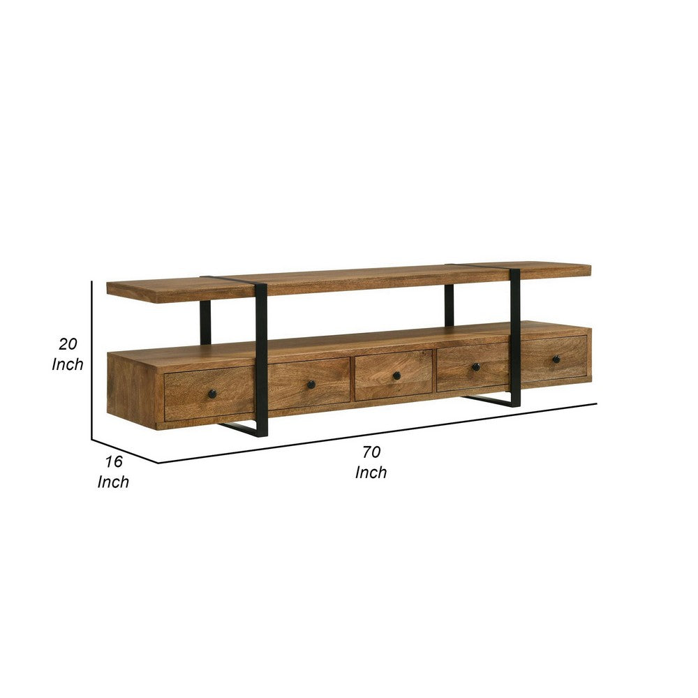70 Inch TV Media Entertainment Console with 4 Drawers, Mango Wood, Brown By Casagear Home