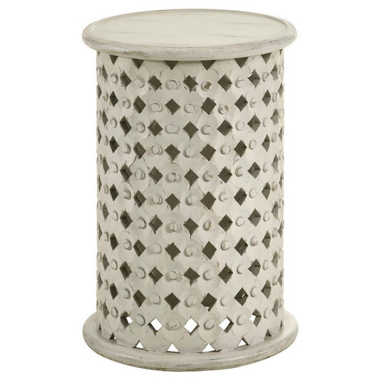 Kyra 24 Inch Round Side Table, Ornate Lattice Carving, Mango Wood, Ivory  By Casagear Home