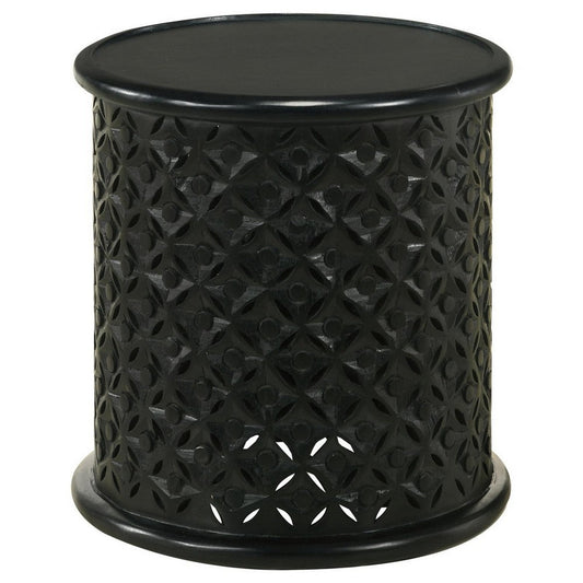 Kyra 18 Inch Round Side Table, Ornate Lattice Carving, Mango Wood, Black  By Casagear Home