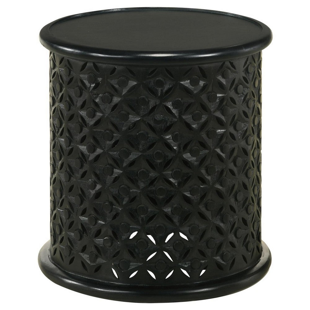 Kyra 18 Inch Round Side Table, Ornate Lattice Carving, Mango Wood, Black  By Casagear Home