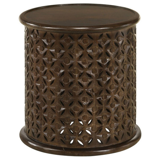 Kyra 18 Inch Round Side Table, Ornate Lattice Carving, Mango Wood, Brown  By Casagear Home