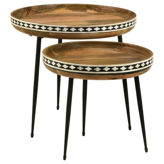 2 Piece Nesting Tables with Inlaid Bone Detail Design, Mango Wood, Brown By Casagear Home