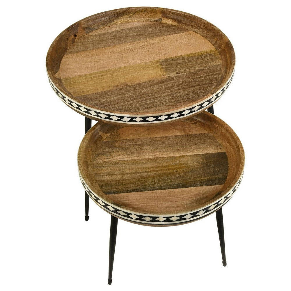 2 Piece Nesting Tables with Inlaid Bone Detail Design, Mango Wood, Brown By Casagear Home