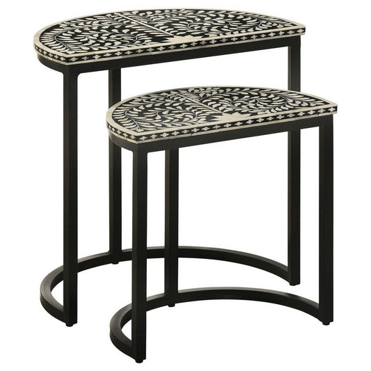 2 Piece Nesting End Tables with Half Moon Tabletops, Bone Inlay, Black By Casagear Home