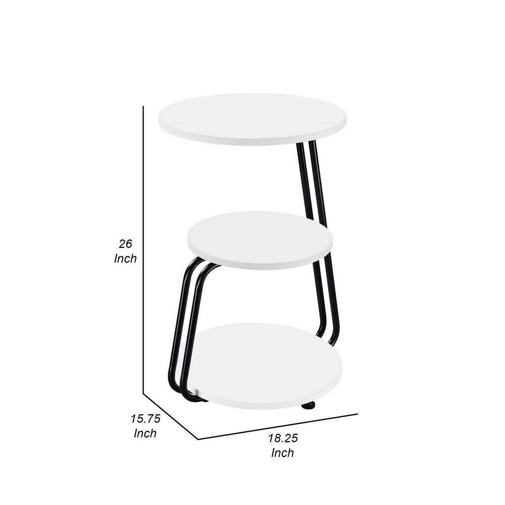 26 Inch Side End Table, 3 Tier Design, Black Metal Frame, White Finish By Casagear Home