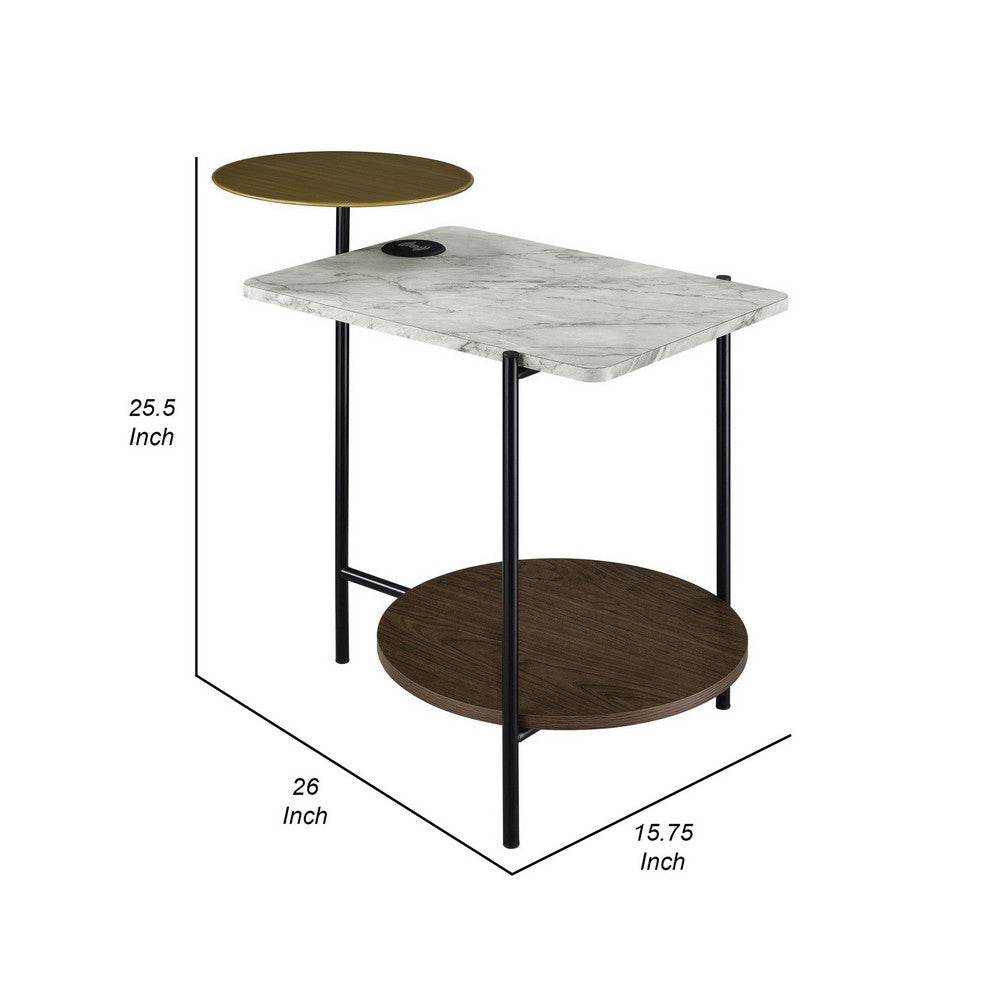 26 Inch Side End Table, 3 Tier Design, USB Port, White, Black, and Brown By Casagear Home