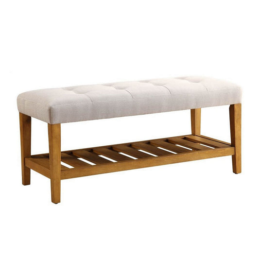 Sira 40 Inch Side Bench, Solid Wood, Gray Polyester, Slatted Open Shelf By Casagear Home