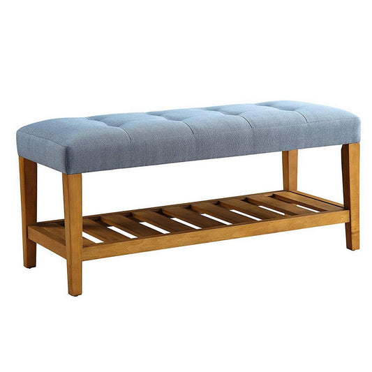 Sira 40 Inch Side Bench, Solid Wood, Blue Polyester, Slatted Open Shelf By Casagear Home