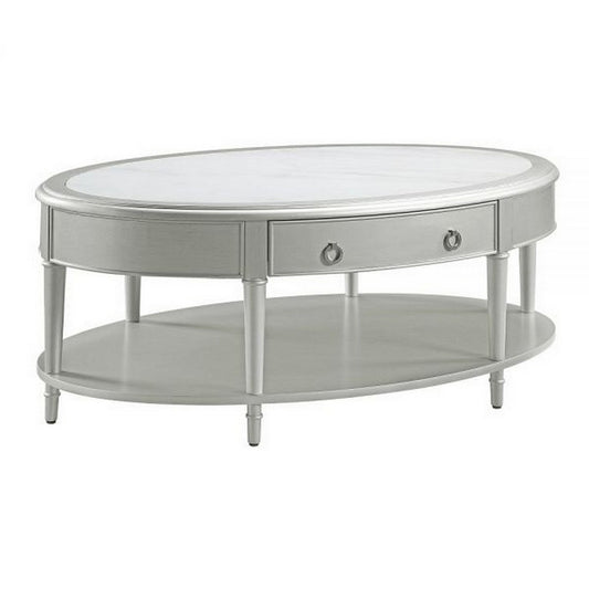 Kyna 50 Inch Coffee Table, Sintered Top, 1 Drawer, Classic Oval, Silver By Casagear Home