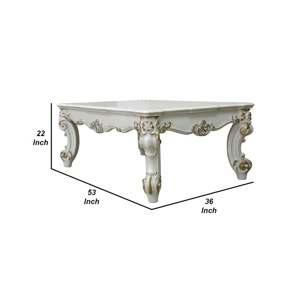Jess 53 Inch Coffee Table, Traditional Scrolled Legs, Brushed Gold, White By Casagear Home