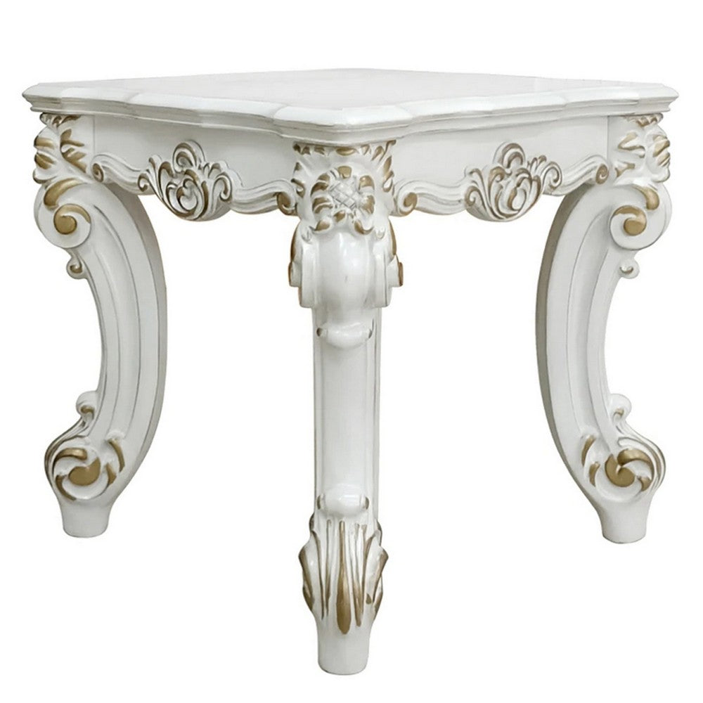 Jess 26 Inch Side End Table, Traditional Scrolled Legs, Brushed Gold, White By Casagear Home