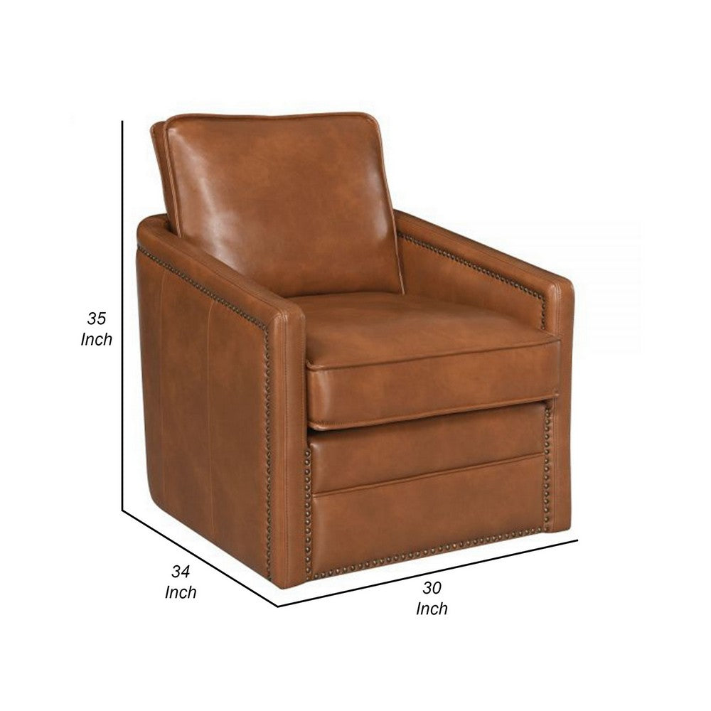 Roco 34 Inch Accent Chair with Swivel, Faux Leather Upholstery, Brown  By Casagear Home