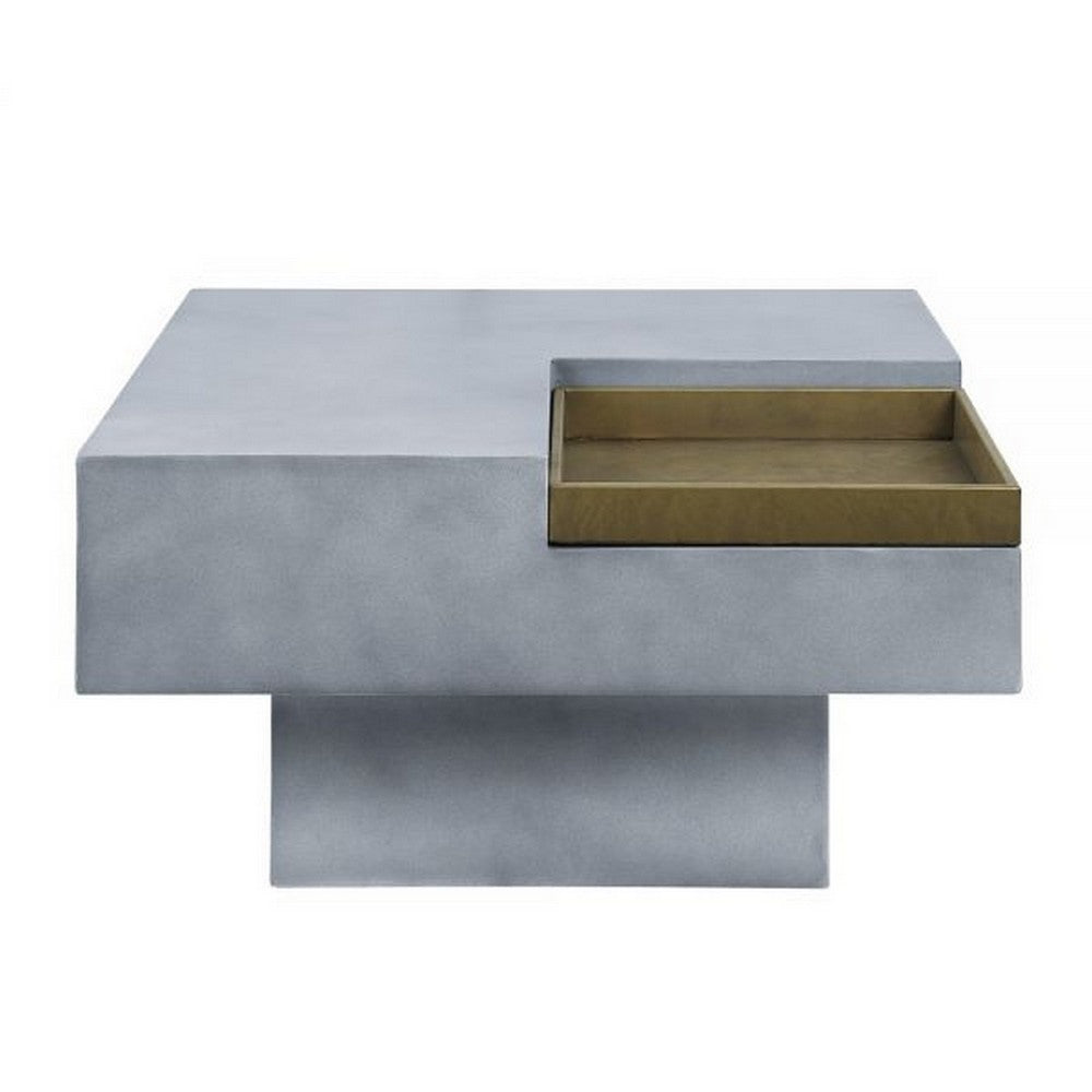 32 Inch Coffee Table with Removable Tray, Cement Construction, Smooth Gray By Casagear Home