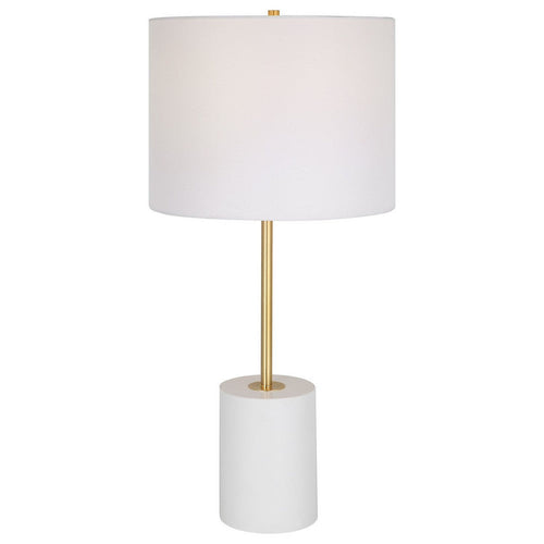 Lily 28 Inch Accent Lamp, Round Hardback Drum Shade, White Base, Gold By Casagear Home