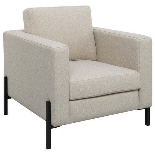 Zoya 33 Inch Chair, Track Arms, Oatmeal Beige  Fabric, Herringbone Design  By Casagear Home