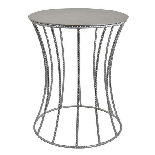 Ema 21 Inch Plant Stand, Round Top, Slatted Geometric Frame, Silver Finish By Casagear Home
