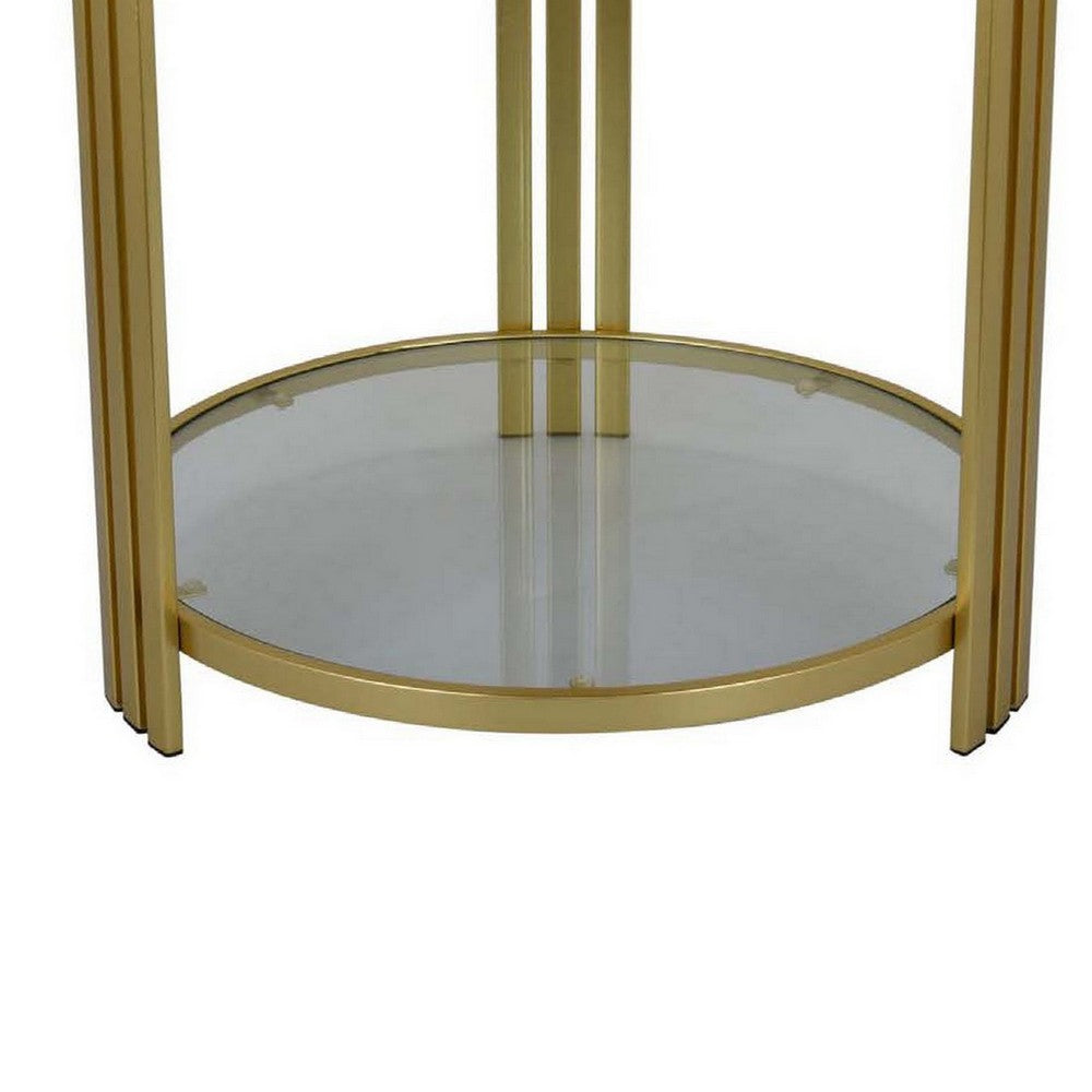 Lee 20 Inch Plant Stand, Round White Marble Top, Open Metal Frame, Gold By Casagear Home