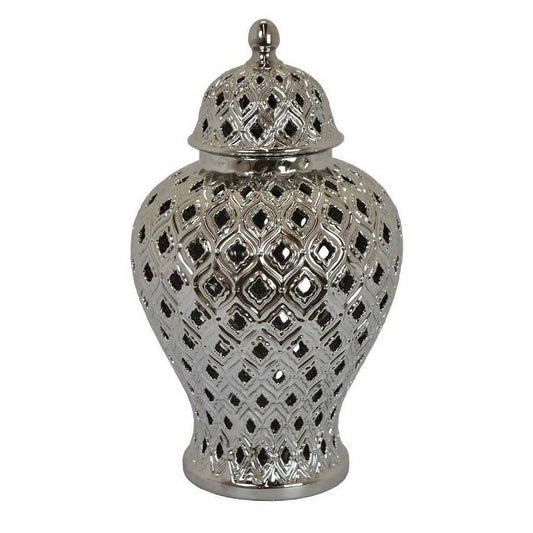 Deni 18 Inch Temple Jar, Pierced, Carved Lattice Design, Lid, Silver By Casagear Home