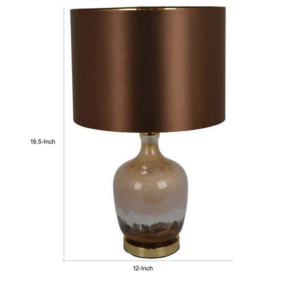 Gia 20 Inch Table Lamp, Drum Shade, Curved Round Glass Body, Brown Finish By Casagear Home