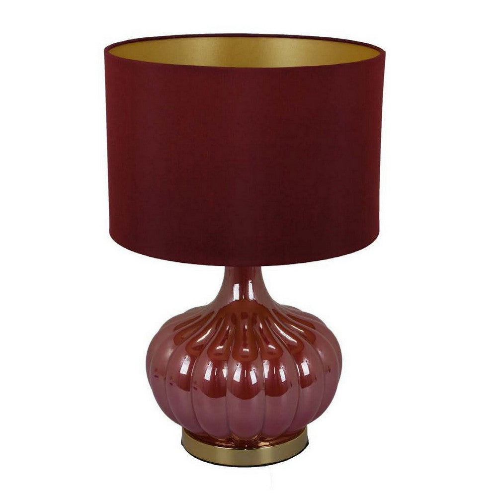 Gia 18 Inch Table Lamp, Drum Shade, Round Body with Vertical Ribs, Red By Casagear Home
