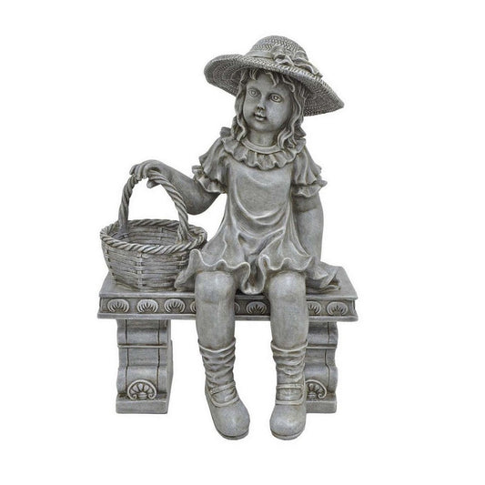 Darin 21 Inch Girl on Bench Figurine, Garden Statue Resin, Textured Gray By Casagear Home