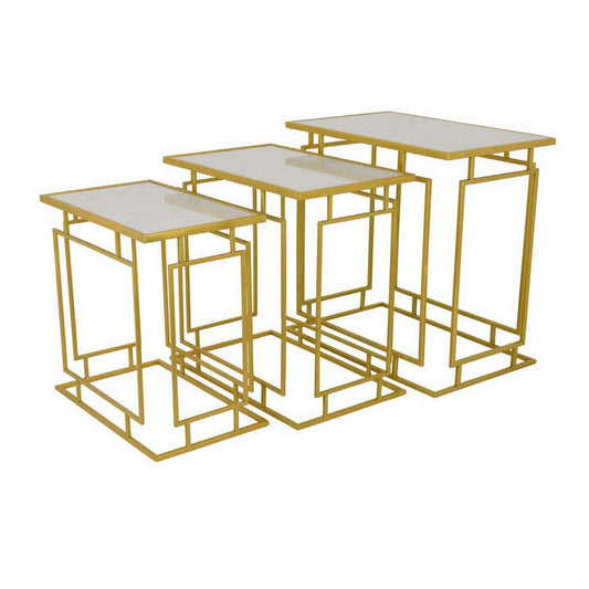 Plant Stand Table Set of 3, Intricate Geometric Pattern Gold Frames, White By Casagear Home