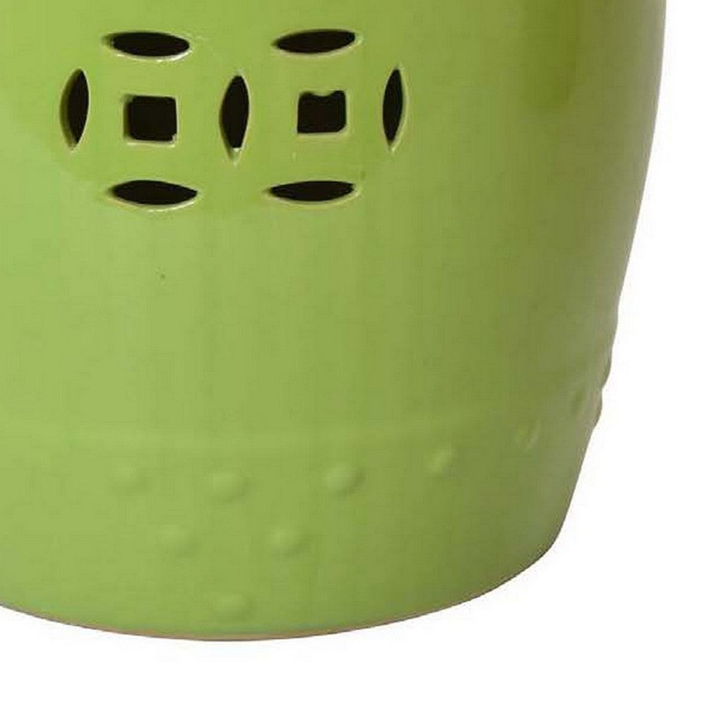 Voge 18 Inch Plant Stand, Ceramic Drum Stool, Cut Out Holes, Light Green By Casagear Home