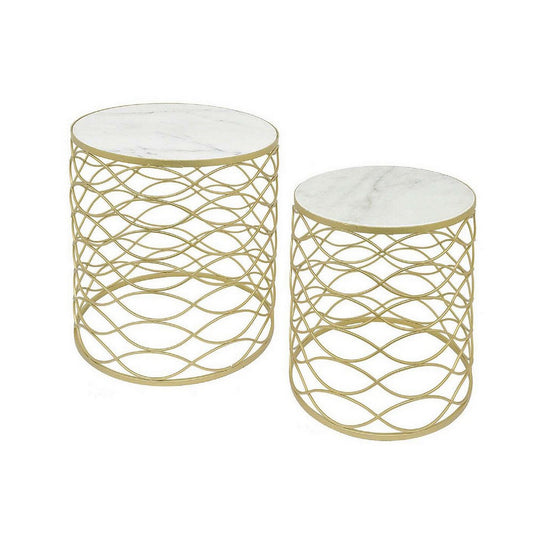 Poh 21 Inch Plant Stand Table Set of 2, Round Top, Metal, Marble, Gold By Casagear Home