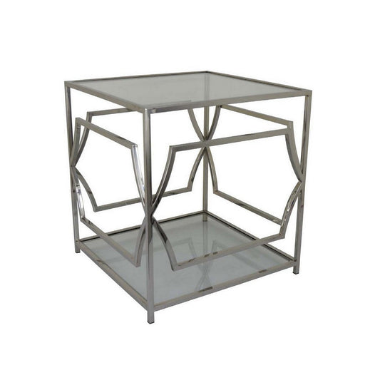 Mivi 24 Inch Plant Stand Table, Square, Pattern Base, Glass, Metal, Silver  By Casagear Home