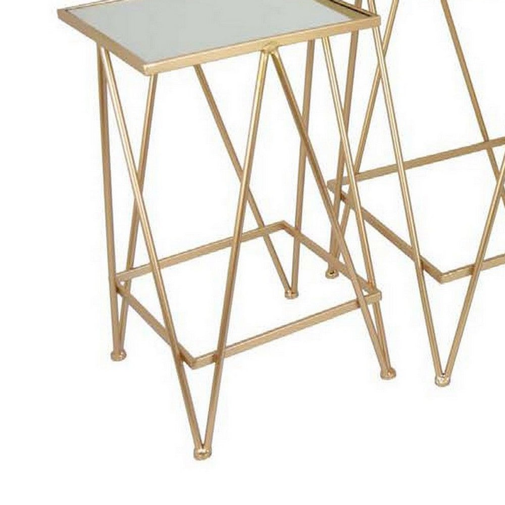 25 Inch Plant Stand Table Set of 3, Square, Metal, Mirror, Gold Finish By Casagear Home