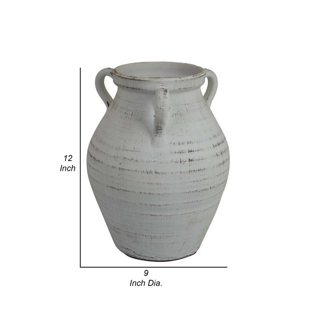 Gri 12 Inch Vase, Classic Urn Shape, 3 Handles, White, Transitional Style By Casagear Home