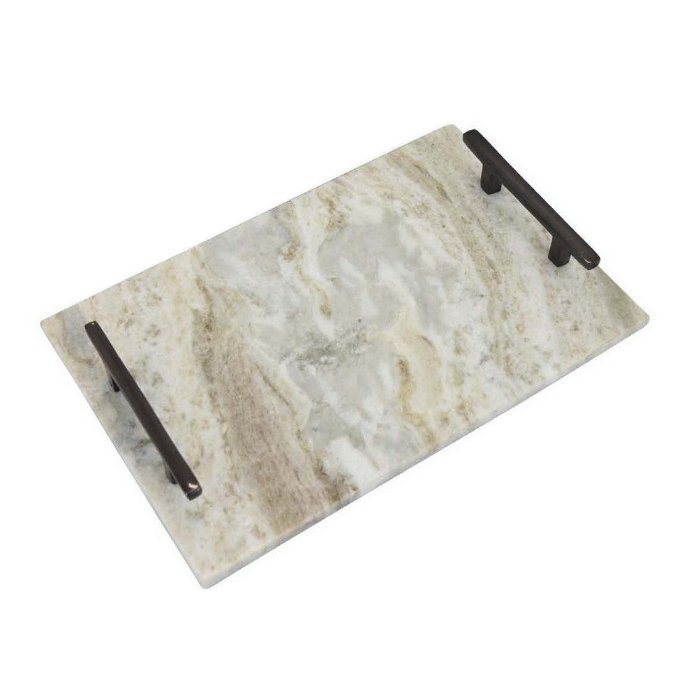 Entro Tray Set of 2, Rectangular Shape, 2 Gold Handles, White Finish Marble By Casagear Home