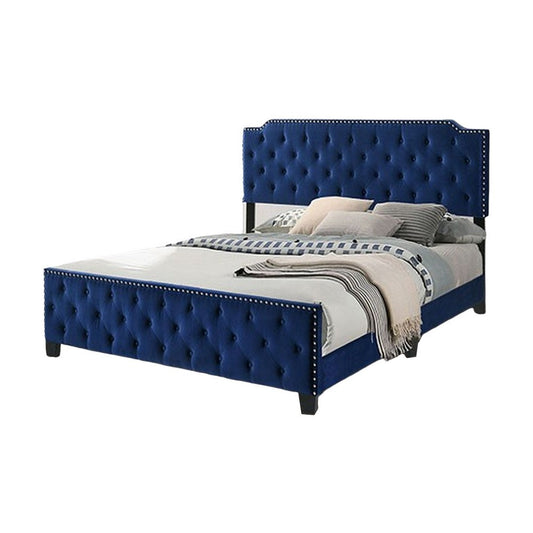 Agapi California King Bed, Button Tufted, Nailhead Trim, Navy Upholstery By Casagear Home