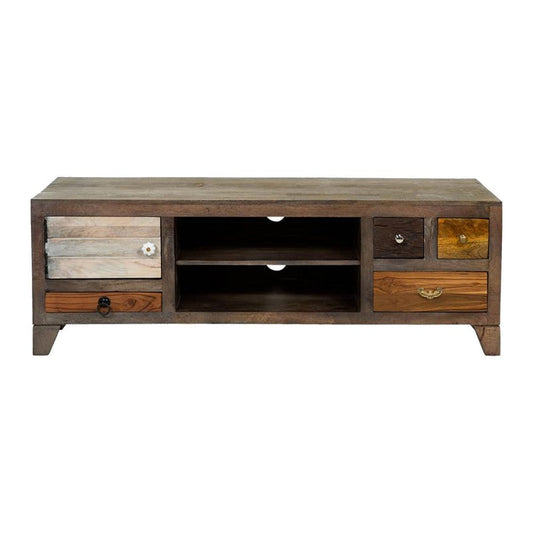Saon 57 Inch TV Media Console, 4 Drawer, Door, Natural Brown Solid Wood By Casagear Home