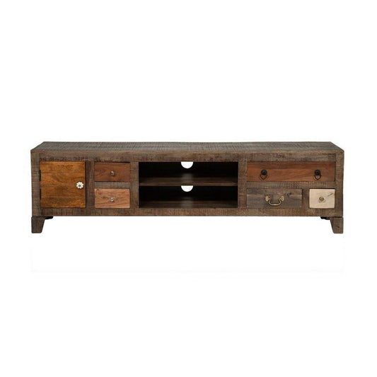 Saon 72 Inch TV Media Console, 5 Drawer, Door, Natural Brown Solid Wood By Casagear Home