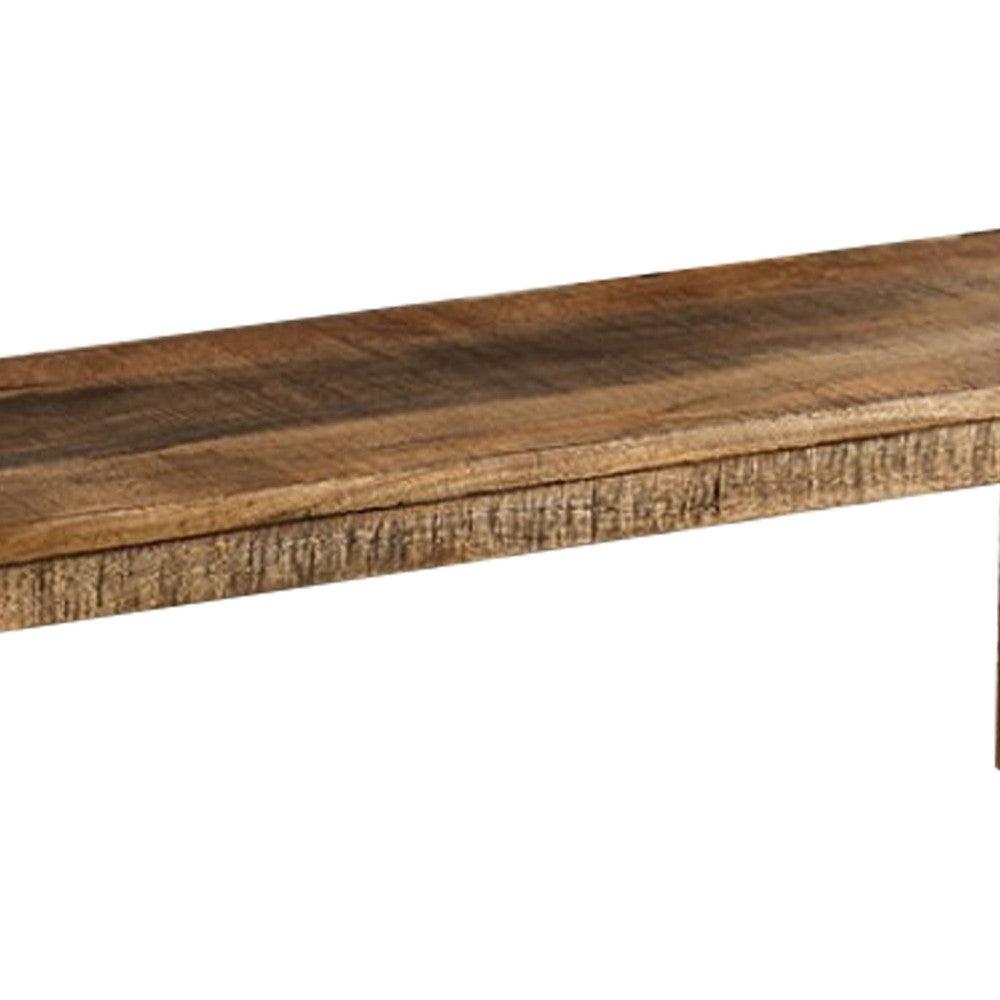 Agon 68 Inch Dining Bench, Mitered Corner, Rough Sawn, Natural Mango Wood By Casagear Home
