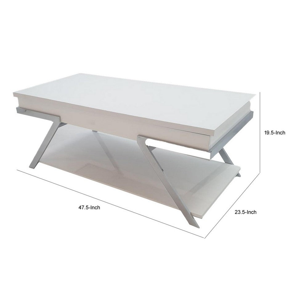 Casey 47 Inch Lift Top Coffee Table, Chrome Metal Frame, Glossy White Top By Casagear Home