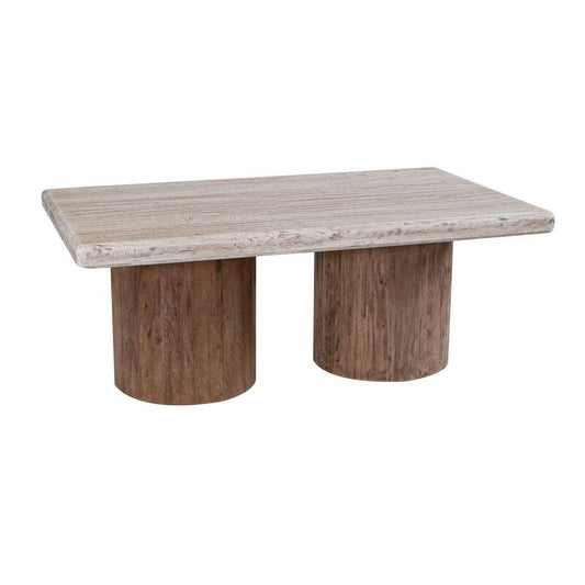 Kohl 50 Inch Cocktail Table, Brown Mango Wood, Drum Base, Cream Floated Top By Casagear Home