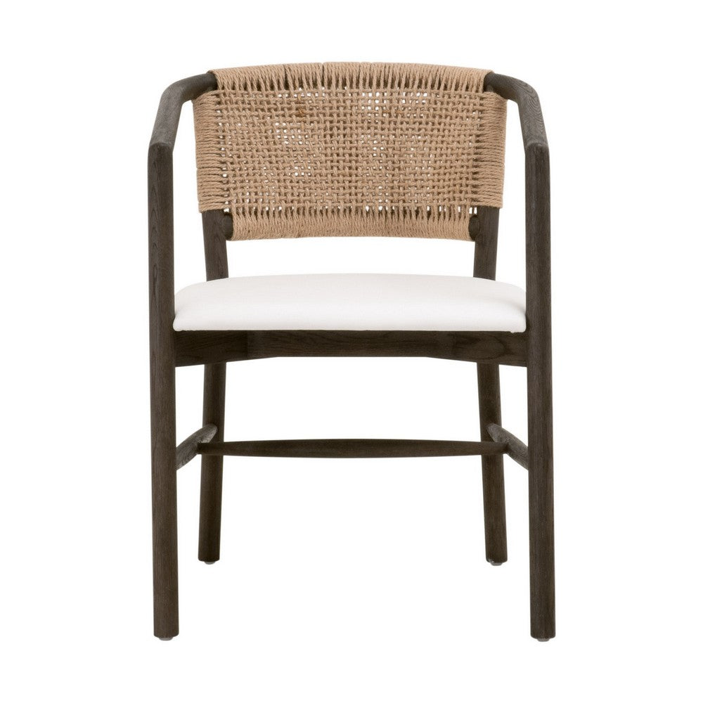 24 Inch Accent Chair, Handwoven Jute, Cushioned Seat, White, Oak Brown By Casagear Home