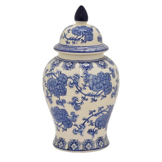 18 Inch Temple Ginger Jar, Ceramic White and Blue Floral Print with Lid By Casagear Home