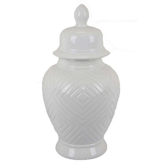 18 Inch Temple Ginger Jar with Dome Lid Geometric Design, Ceramic, White By Casagear Home