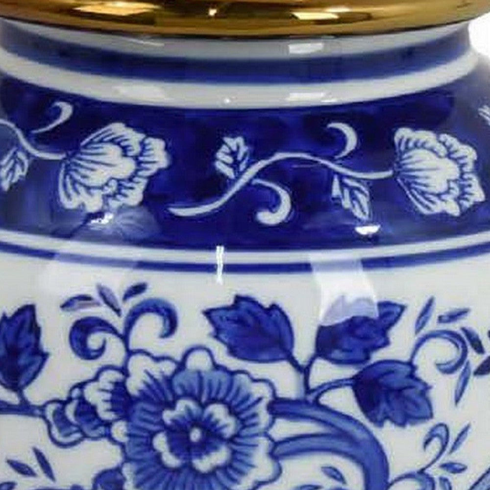 18 Inch Temple Ginger Jar, Ceramic, Multi Floral Design, White, Blue, Gold By Casagear Home