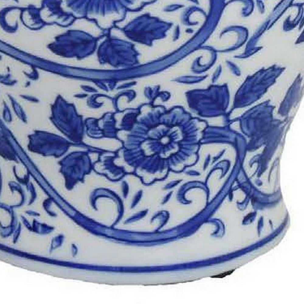 18 Inch Temple Ginger Jar, Ceramic, Multi Floral Design, White, Blue, Gold By Casagear Home