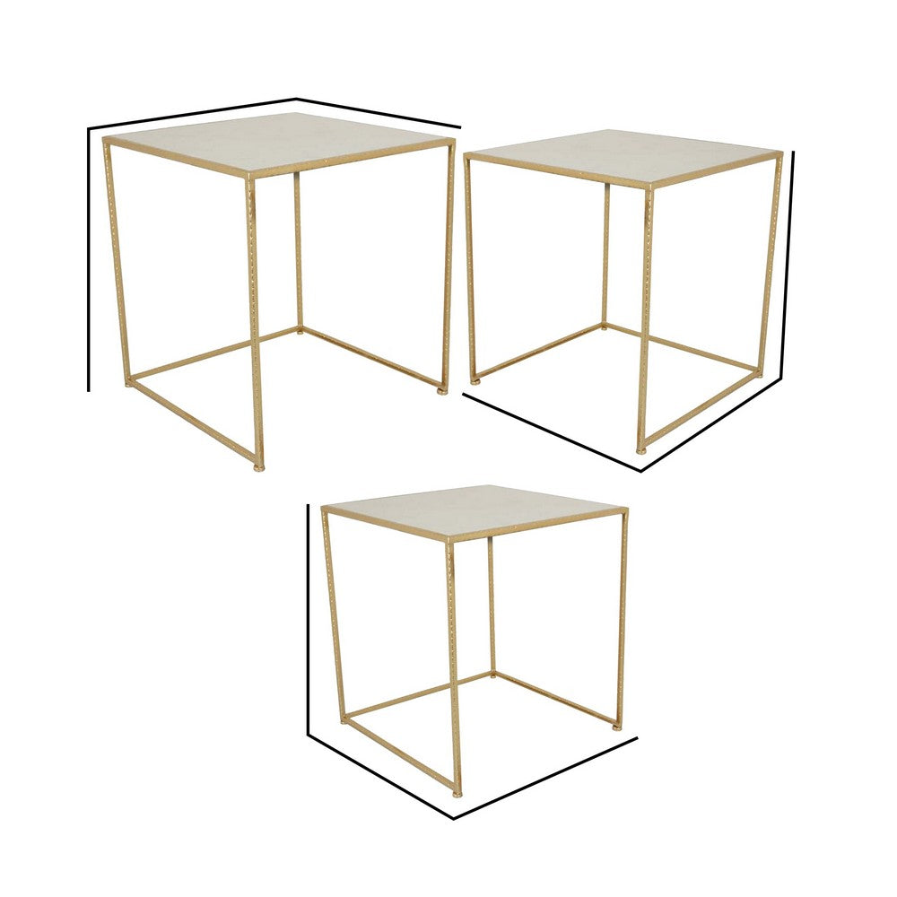 Neci Plant Stand Table Set of 3, Nesting Open Metal Gold Frame, White Top By Casagear Home