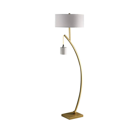 Jiya 59 Inch Arc Floor Lamp, Hanging Design, 2 White Drum Shades, Gold By Casagear Home