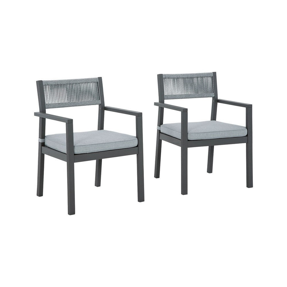 Arto 24 Inch Outdoor Dining Armchair Set of 2, Rope Back Cushion, Gray Wood By Casagear Home