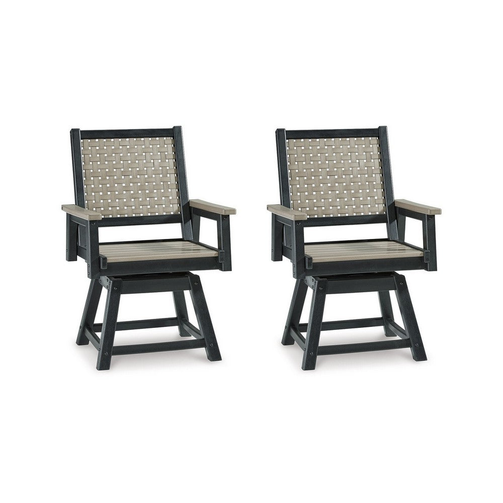 Mide 27 Inch Outdoor Swivel Dining Armchair Set of 2, Beige and Black By Casagear Home